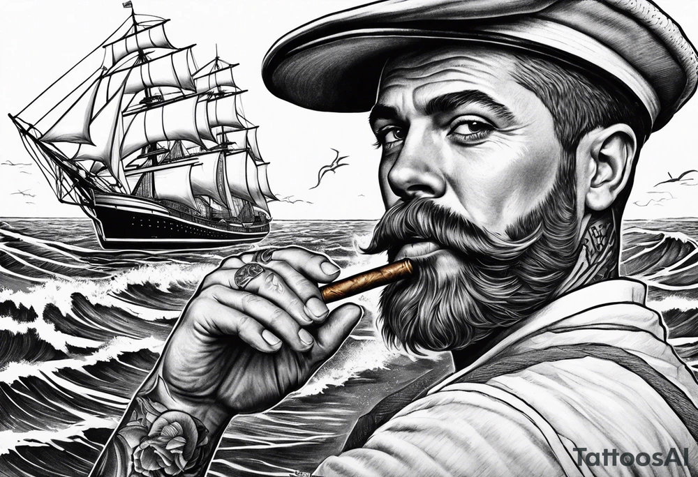 Sailor in
sea with his ship holding his cigar tattoo idea