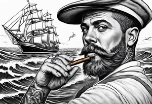 Sailor in 
sea with his ship holding his cigar tattoo idea