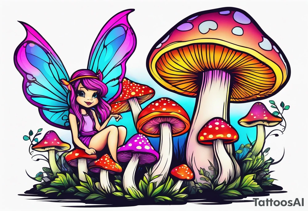 Fairies on mushrooms neon colors tattoo idea