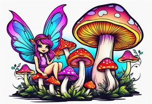 Fairies on mushrooms neon colors tattoo idea