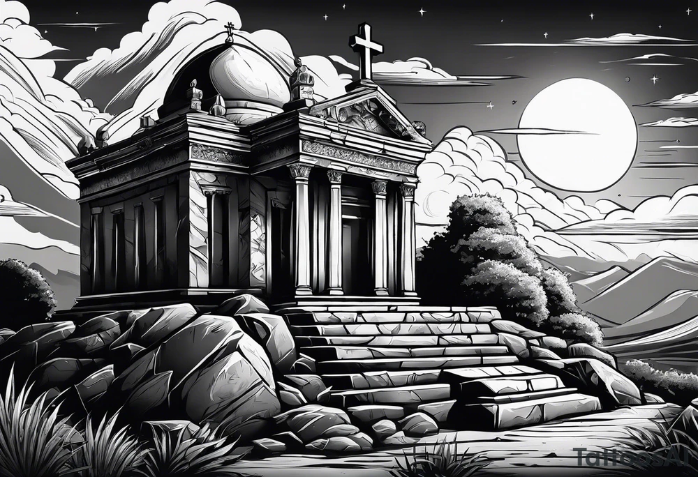 Tomb with cross and sun in the background tattoo idea