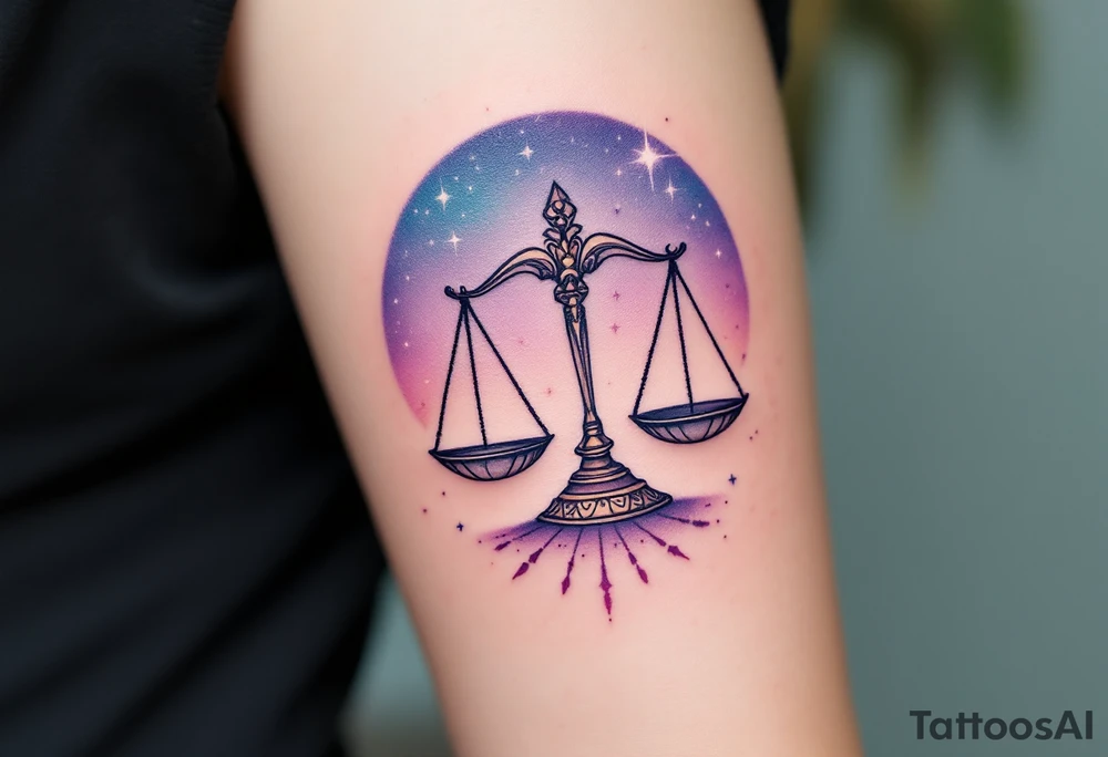 A subtle ombre effect from turquoise to plum fades behind the Libra star constellation and finely drawn balancing scales. tattoo idea
