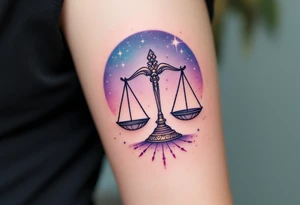 A subtle ombre effect from turquoise to plum fades behind the Libra star constellation and finely drawn balancing scales. tattoo idea