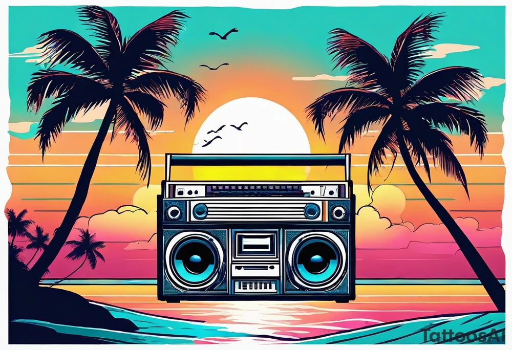 1980'S BOOM BOX MIAMI VICE STYLE, BEACH SUNSET, PALM TREES, MUSIC NOTES tattoo idea