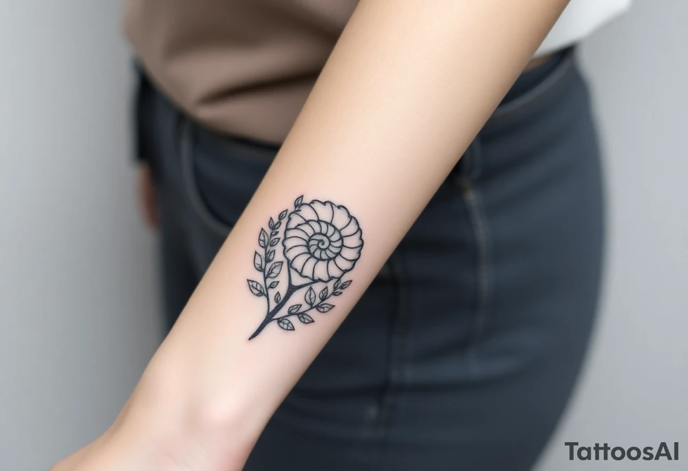 Fibonacci spiral shell inside of tree full of lots of leaves tattoo idea