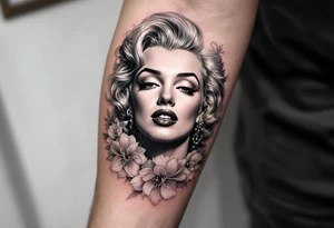 A romantic Marilyn Monroe portrait in soft grayscale, framed by delicate pink peonies and silver filigree. tattoo idea
