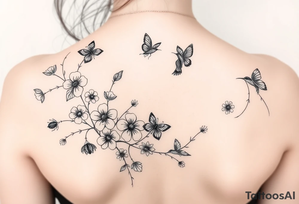 Flowers crawling on vines lady bugs dragon flys butterflies and hummingbirds tattoo idea
