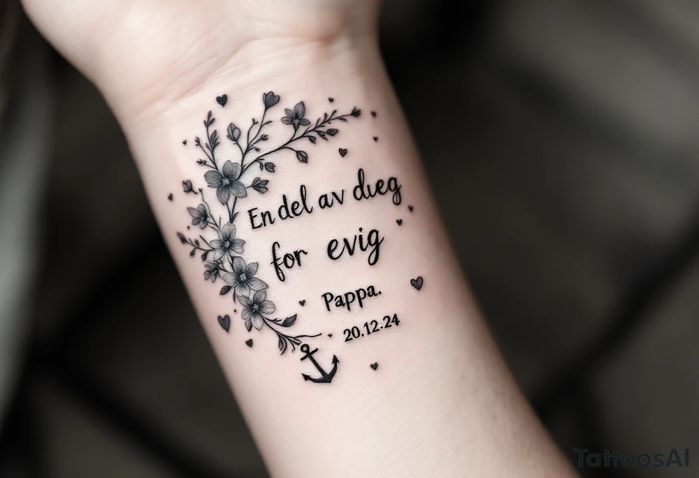 make a qoute sayin "En del av deg for evig tid. 
Pappa 20.12.24"
Surround the quote with delicate long blossom gladious, music notes, hearts and an anchor on the lower right side tattoo idea