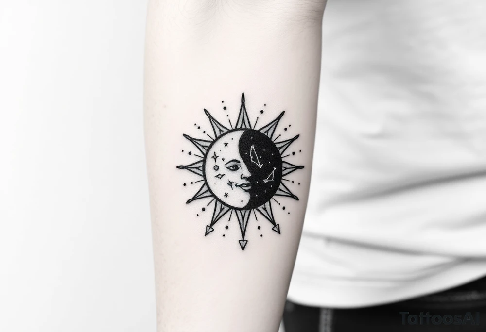 sun and moon embrace with constellation patterns tattoo idea