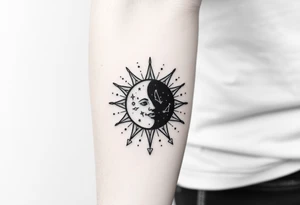 sun and moon embrace with constellation patterns tattoo idea