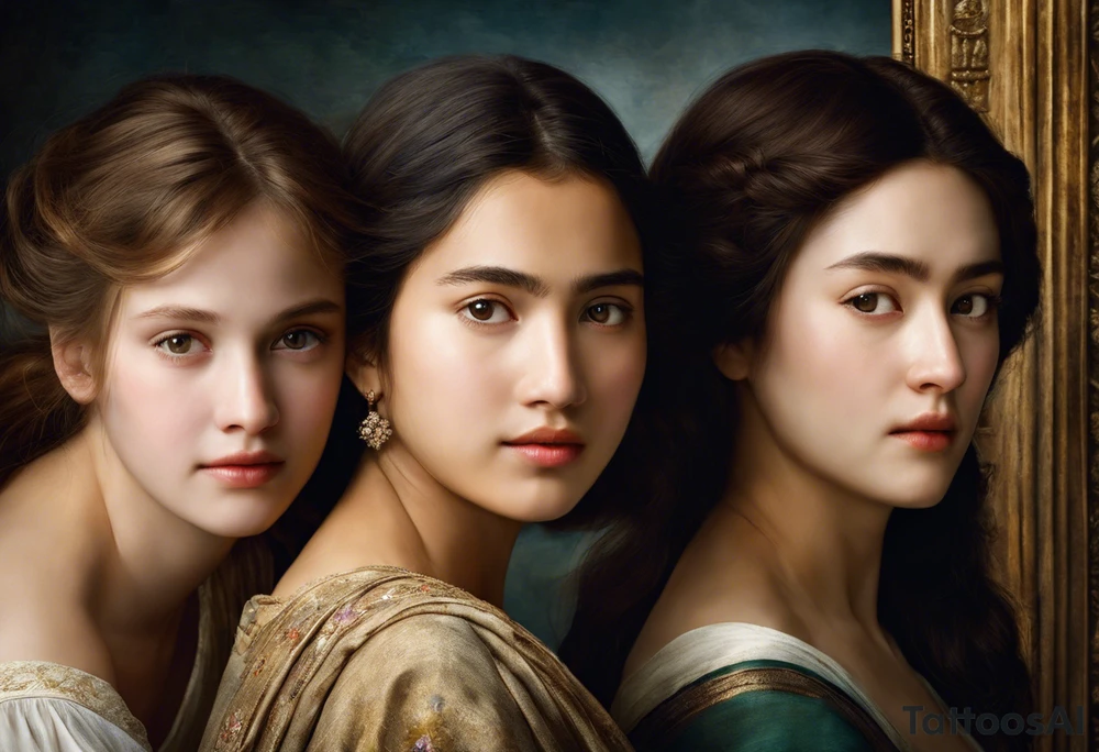 Three women's faces next to each other. The woman on the left is still a girl about 13 years old, the woman in the middle is about 40 years old and the one on the right is about 75 years old. The woman in the middle is looking at the bearer. The other two are looking at the woman in the middle. The tattoo is shaded on the chest of a man in black and white tattoo idea