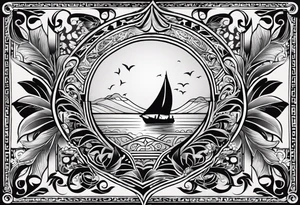 Segelboot, lachende sonne, delfin, zutronen, monstera ableger, maori Stilelemente, orientalische fliesen haupsächlich, hibiskus, Perspektive. vertikal, tattoo idea