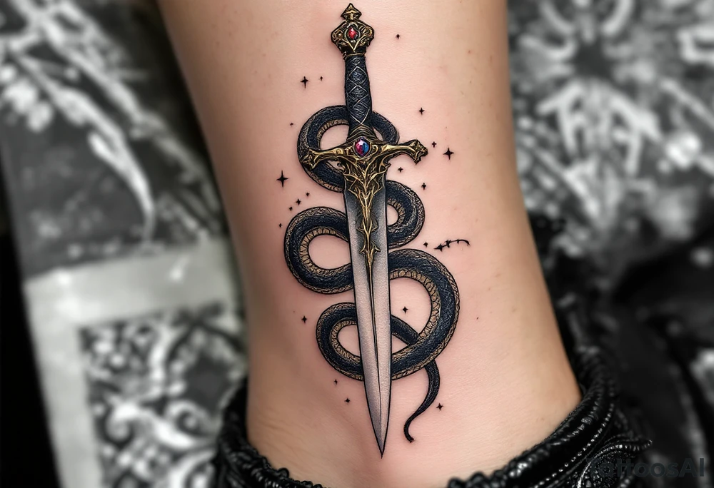 mystical snake coiled around an ancient dagger with jeweled hilt tattoo idea