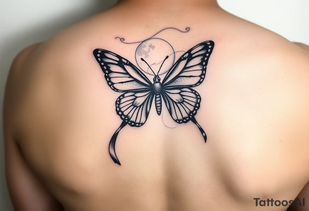 ethereal butterfly with flowing silk ribbons in moonlight tattoo idea