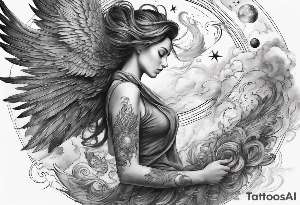 A full sleve tatoo on my right arm

A phoenix over my shoulder with an angel slying through the stars and witches in the image as well

Smoke and cosmic imagery tattoo idea