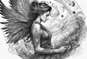 A full sleve tatoo on my right arm

A phoenix over my shoulder with an angel slying through the stars and witches in the image as well

Smoke and cosmic imagery tattoo idea