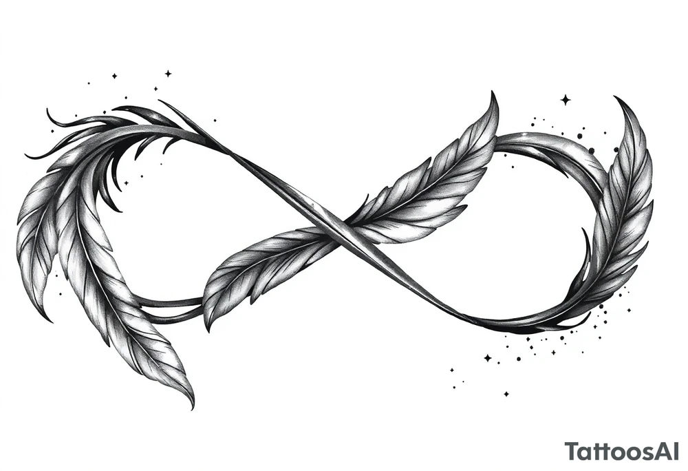 infinity symbol woven with floating feathers and stardust tattoo idea