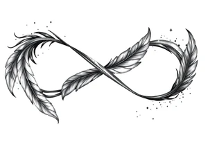 infinity symbol woven with floating feathers and stardust tattoo idea