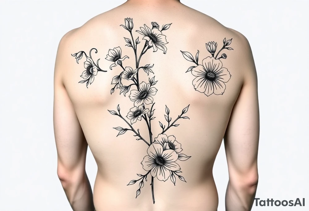 Full sleeve tattoo design of larkspur and hawthorn flowers, highly detailed line art, black ink, elegant botanical style, intertwined composition, no shading, no human mock-up, clean stencil style suitable for tattooing, fit fully within boundaries. LINE ART ONLY, REMOVE HUMAN, NO SKIN tattoo idea