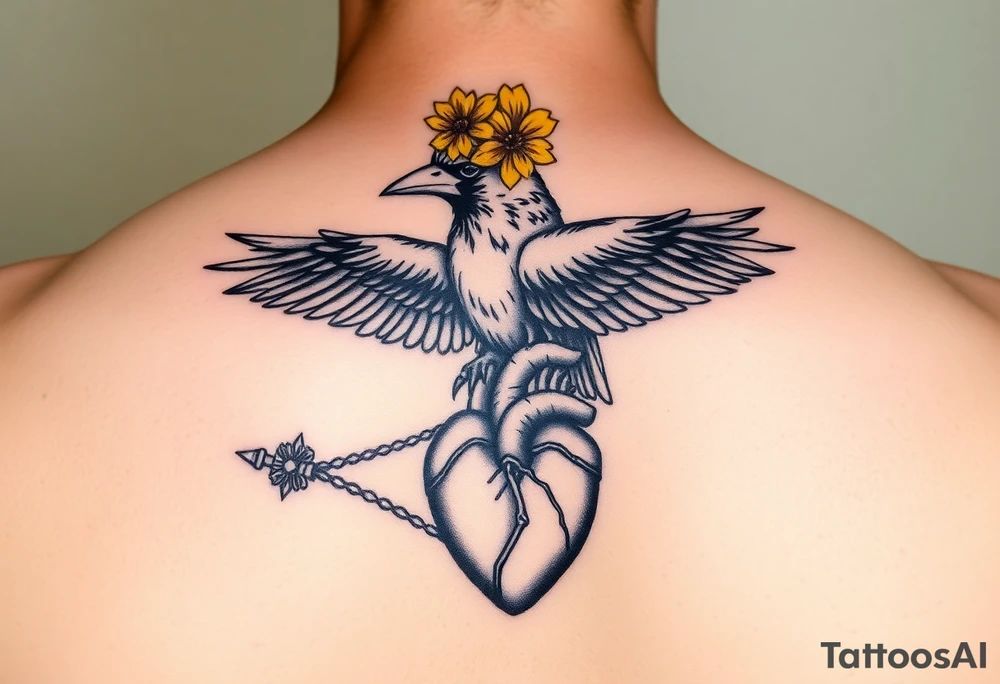 Crow with yellow flower crown holding wand and anatomical heart tattoo idea