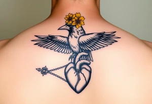 Crow with yellow flower crown holding wand and anatomical heart tattoo idea