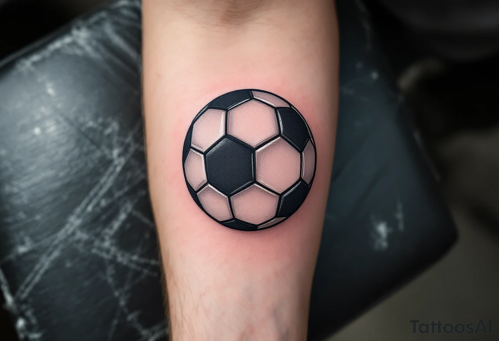 A geometric-style soccer ball made of interlocking black, gray, and metallic silver triangles. tattoo idea