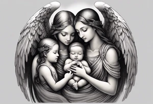 Six angels praying together. The two boy angels are on either side of the three girl angel, with their wings gently enfolding a baby angel in a protective embrace tattoo idea