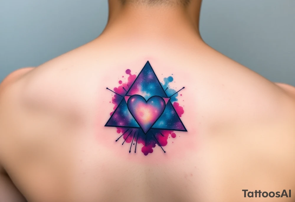 A single triangle with a heart in the center with 
galaxy in background tattoo idea