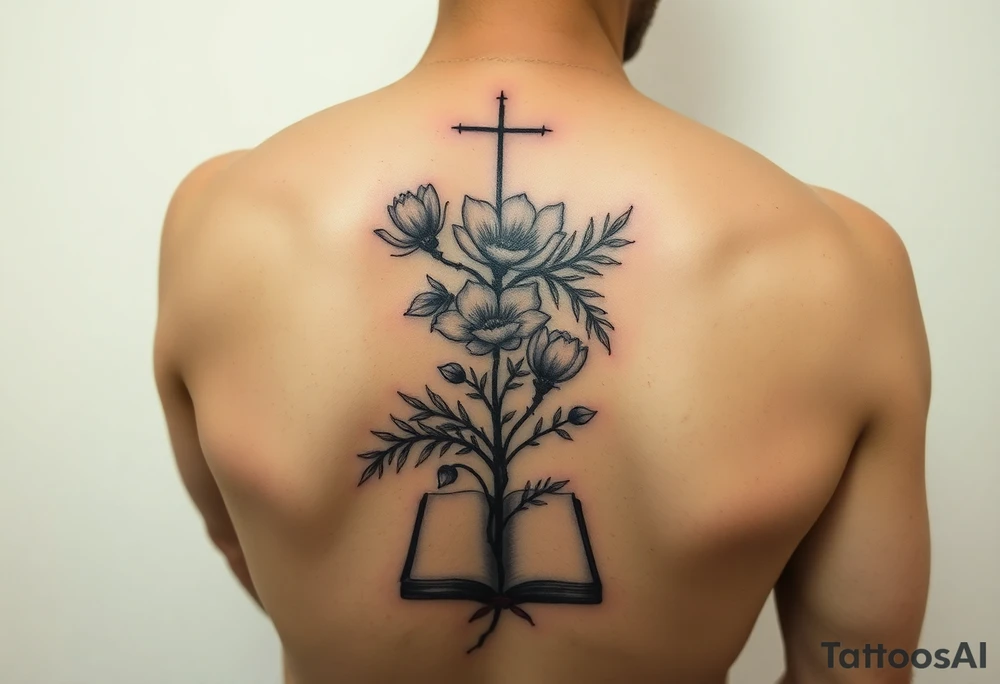 Religious tattoo that also symbolizes mental health. Maybe something to do with still finding light in the darkness. Maybe a bible at the bottom and some flowers blooming for the mental health aspect. Tattoo will be a half sleeve on my forearm tattoo idea