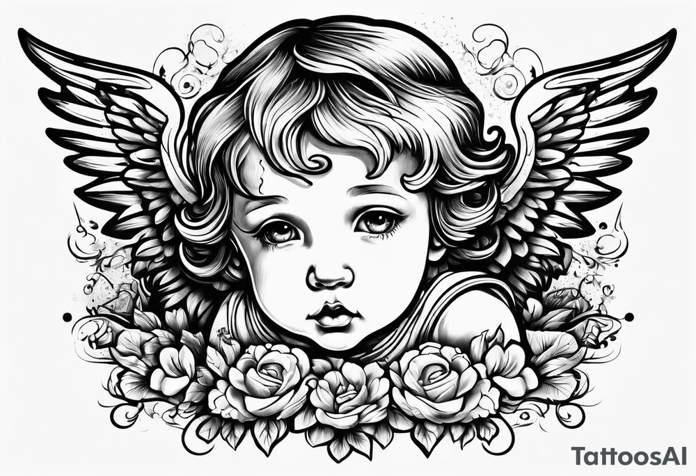 Crying cherub angel with tattoos on its arms tattoo idea