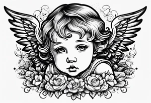 Crying cherub angel with tattoos on its arms tattoo idea