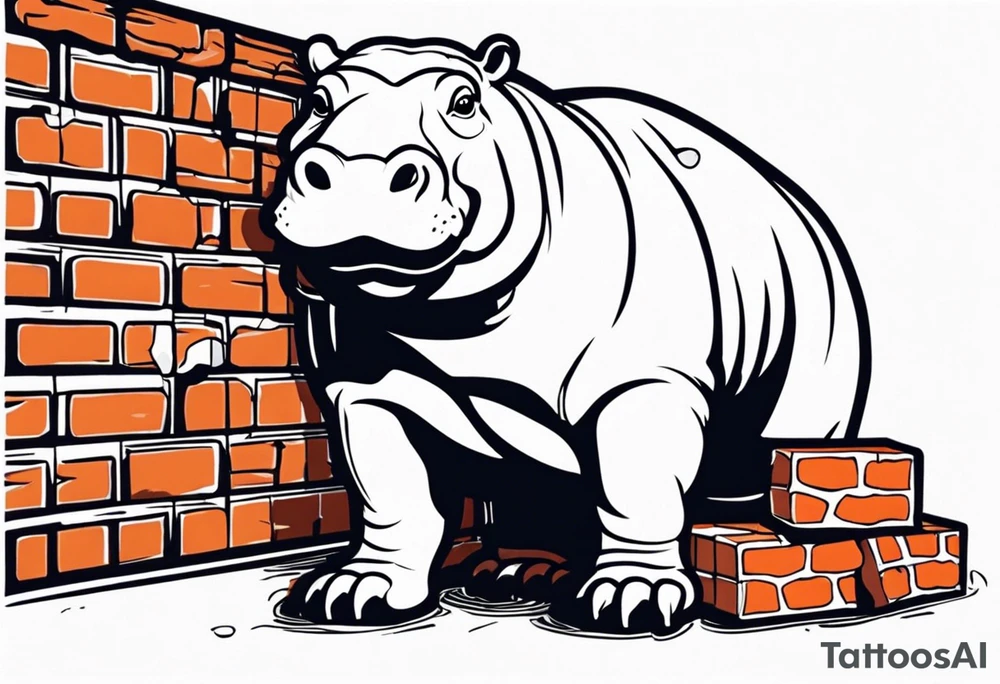 Hippopotamus standing upright and laying bricks onto a partially built brick wall tattoo idea