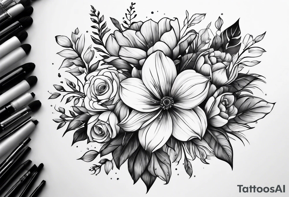 Flower bouquet with 5 flowers skinny tattoo idea