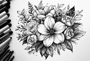 Flower bouquet with 5 flowers skinny tattoo idea