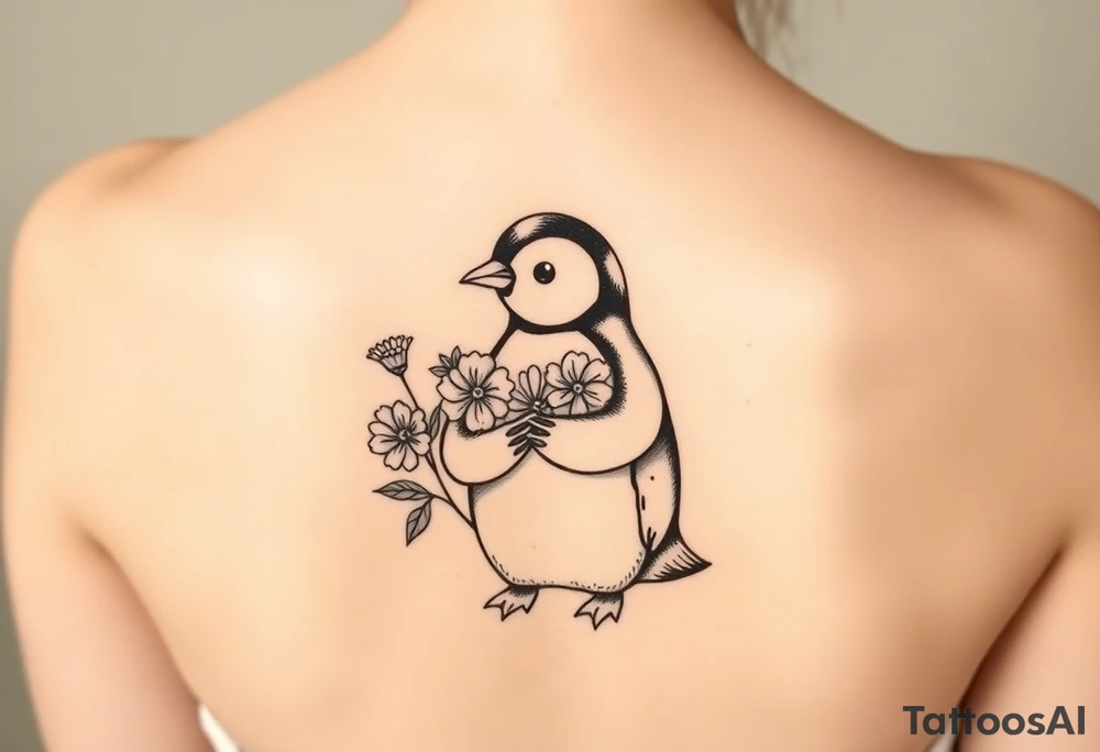 Cute penguin holding flowers tattoo idea
