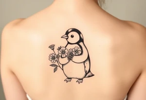 Cute penguin holding flowers tattoo idea