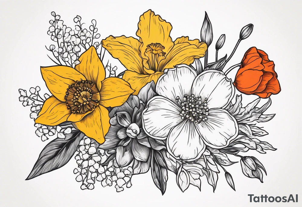 Poppy, larkspur, marigold, Lily of the valley, daffodil, flower bouquet, portrait style tattoo idea