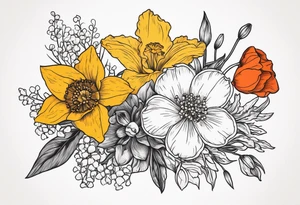 Poppy, larkspur, marigold, Lily of the valley, daffodil, flower bouquet, portrait style tattoo idea