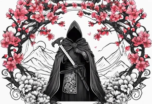 shadow cloak covered in flowers alongside a cherry blossom dagger tattoo idea