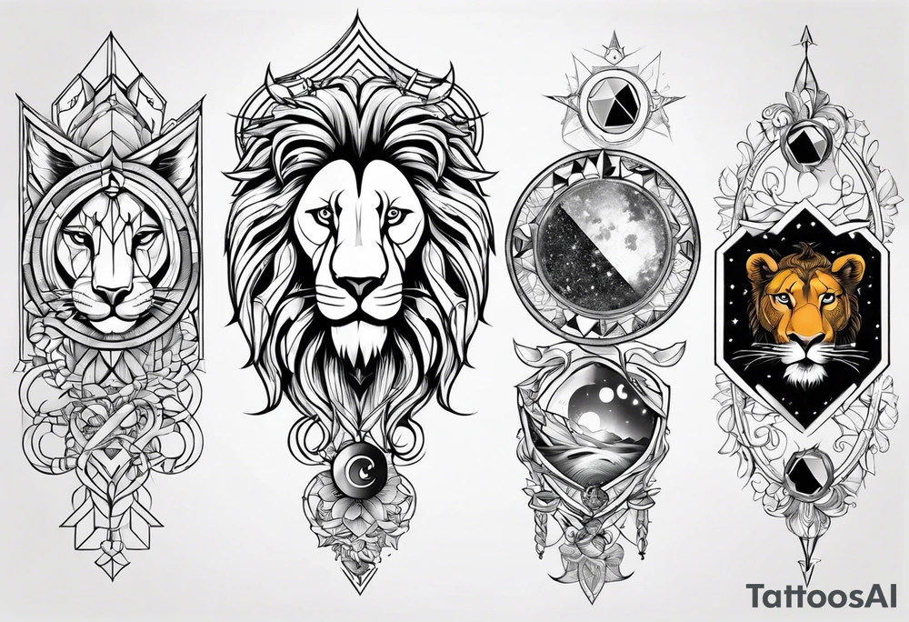 tattoo full sleeve that includes lion, cancer, aquarius and sagittarius signs tattoo idea