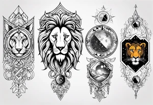 tattoo full sleeve that includes lion, cancer, aquarius and sagittarius signs tattoo idea