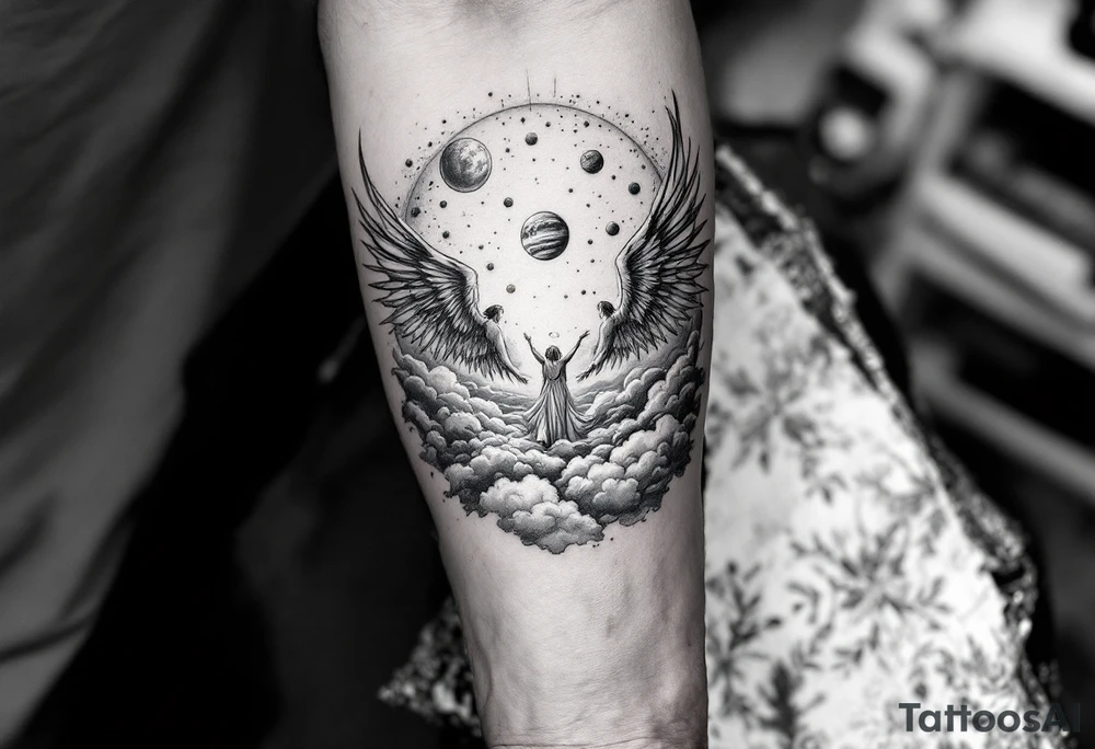 angels with wings standing on clouds looking down upon the world and planets in the background to give it more detail make it a half sleeve to cover up one side of the forearm tattoo idea