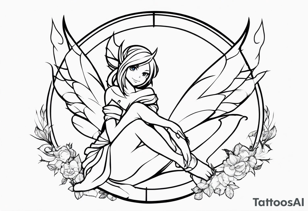 No color fairy with a tail inspired by the guild symbol in the anime show called Fairy Tail in a fetal position leaning in and forward while crawled in tattoo idea