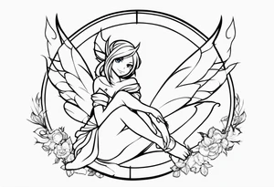No color fairy with a tail inspired by the guild symbol in the anime show called Fairy Tail in a fetal position leaning in and forward while crawled in tattoo idea