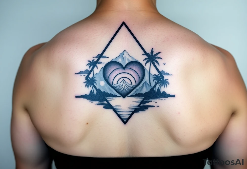 A triangle with a heart in the center with mountains, ocean with palm trees in background tattoo idea