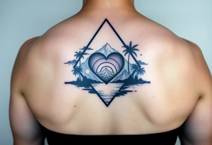 A triangle with a heart in the center with mountains, ocean with palm trees in background tattoo idea