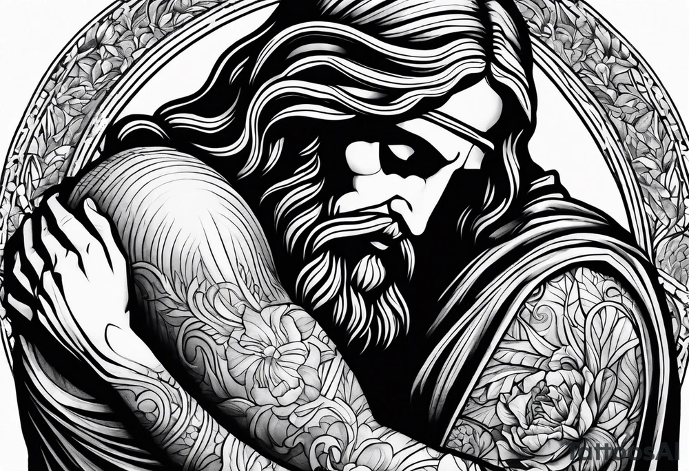 Jesus Christ wrapping his arms around a man in the fetal position. tattoo idea