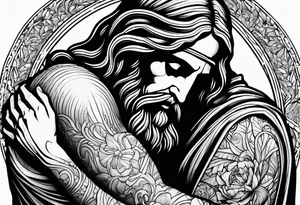 Jesus Christ wrapping his arms around a man in the fetal position. tattoo idea