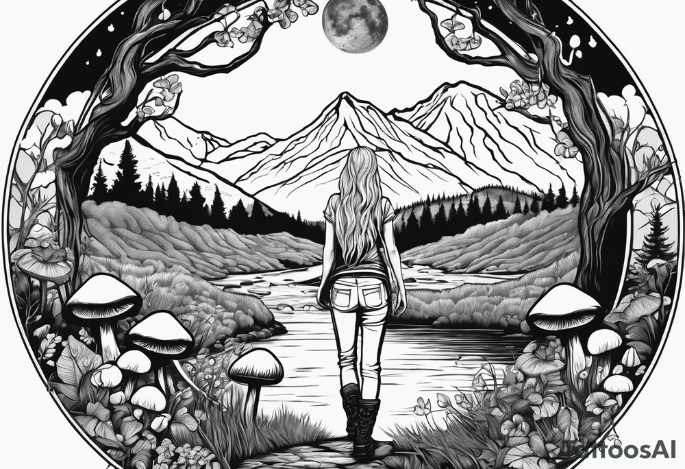 Whole picture encircled fully

Straight long blonde hair hippie girl in distance holding mushrooms in hand facing away toward mountains and creek surrounded by mushrooms long sleeve shirt and hiking pants; whole rendering within a full circle, no cut off circle tattoo idea