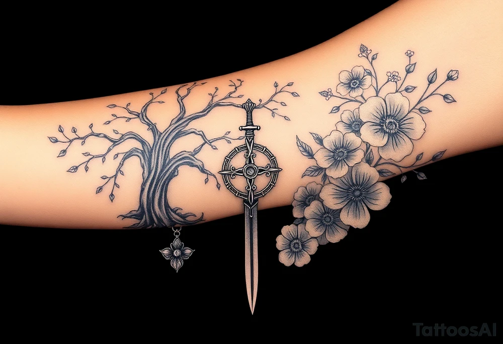 based on the Lord of the rings movies with the tree of Gondor, the Evenstar necklace, the sword Narsil, and flowers tattoo idea